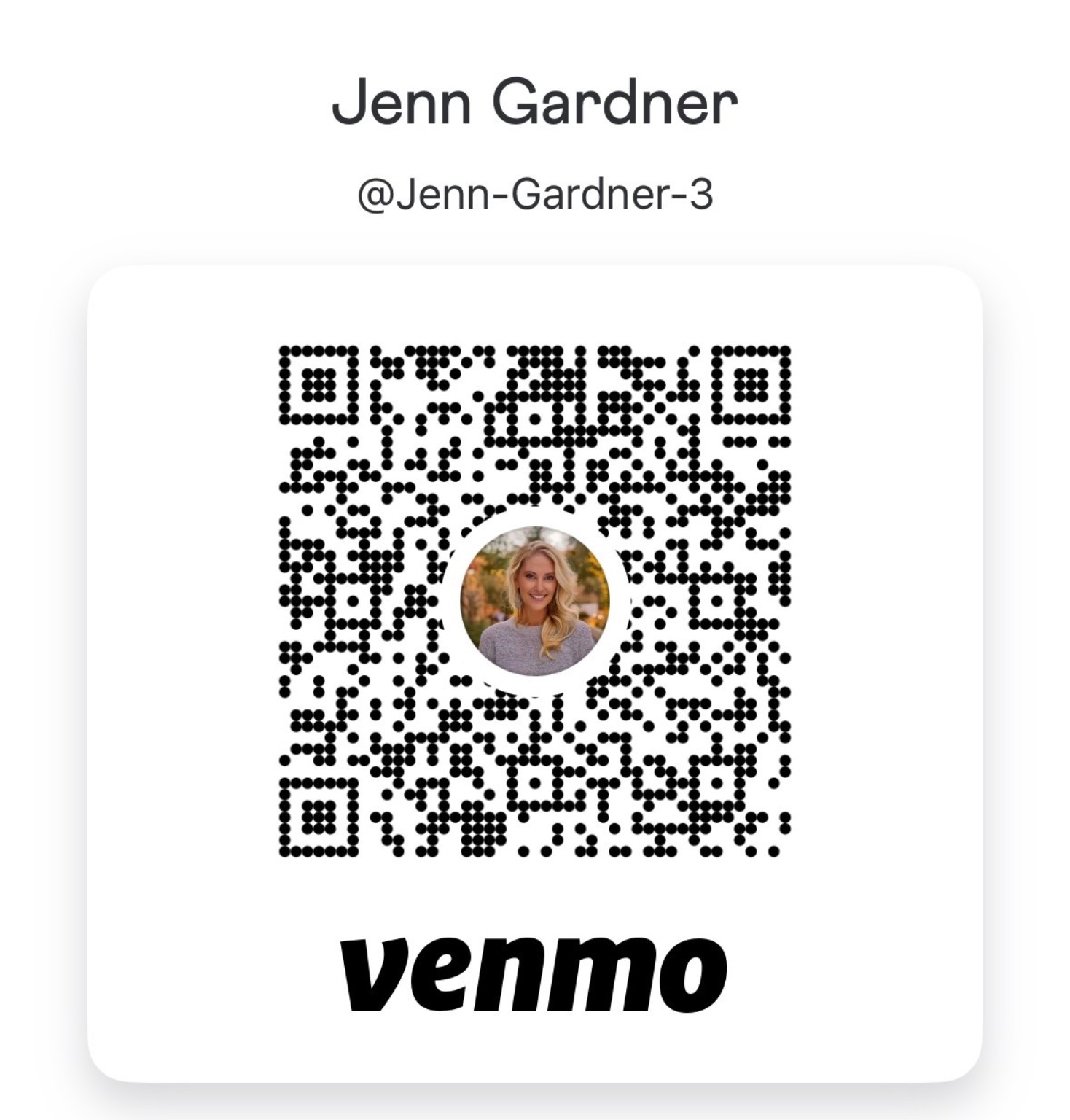 Venmo QR code for Jenn Gardner, username @Jenn-Gardner-3